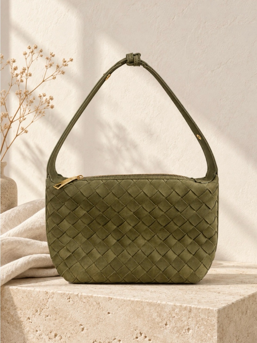 Olive Woven Faux Suede Bag